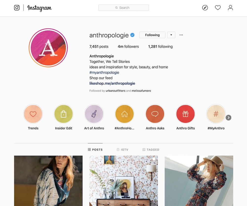 Anthropologie Instagram Stories Highlights as of Feb, 2020.