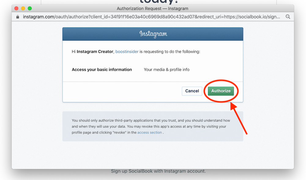 Click "Authorize" to connect your Instagram account with SocialBook. 