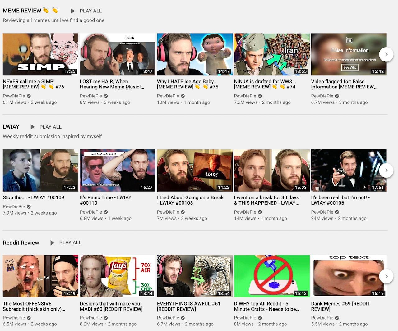 Some of the most viewed non-gaming series in PewDiePie's YouTube channel.