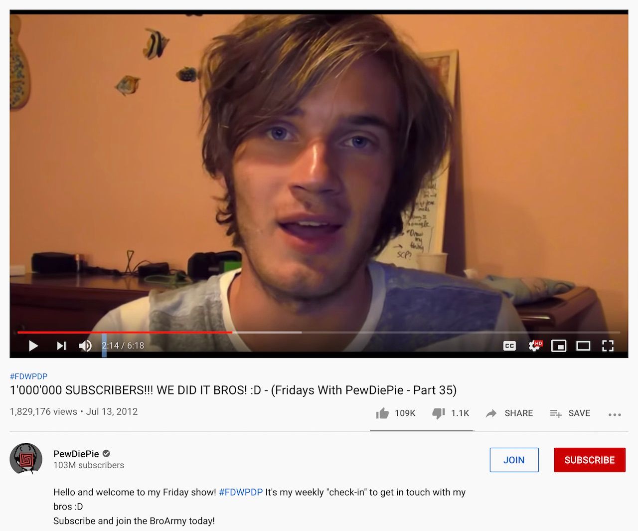 PewDiePie published his 1 million sub video in July 2012.