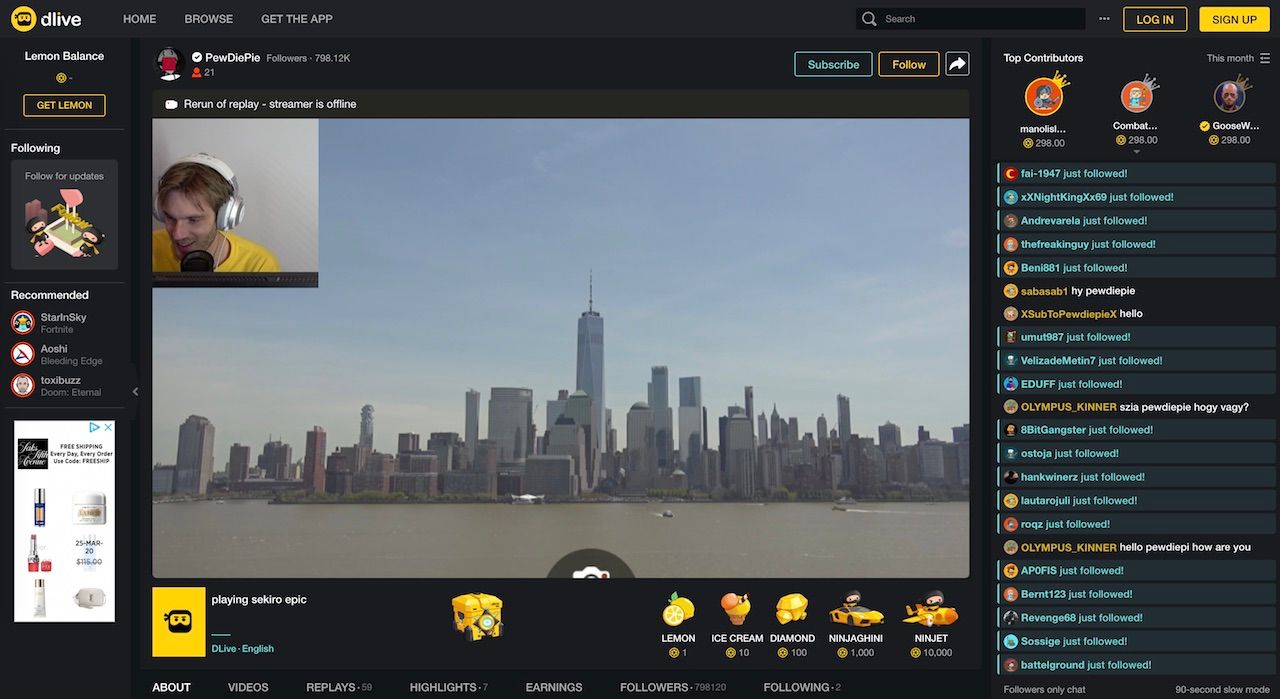 PewDiePie's DLive channel is replaying his previous live stream videos. 