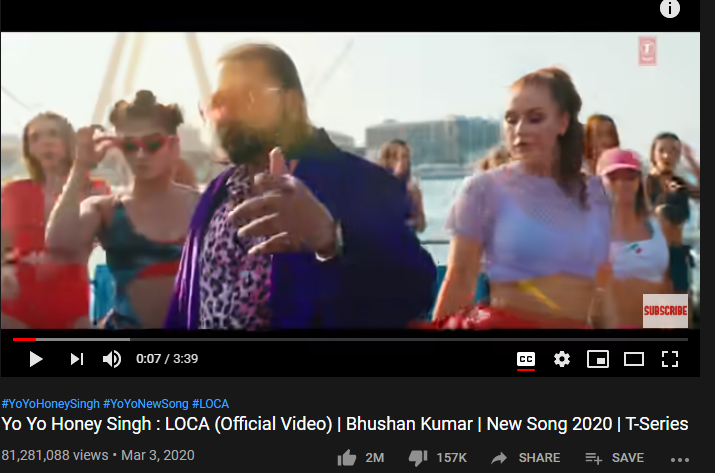 3rd Most-liked YouTube video of March 2020: Yo Yo Honey Singh ‘LOCA’ Official MV