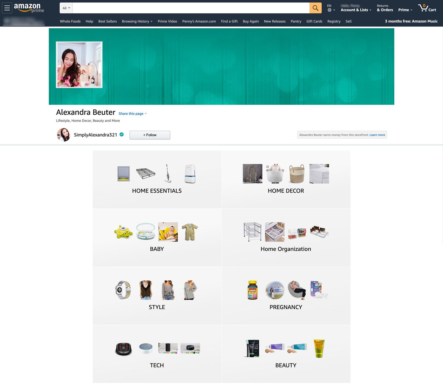 Amazon influencer program page of Alexandra Beuter