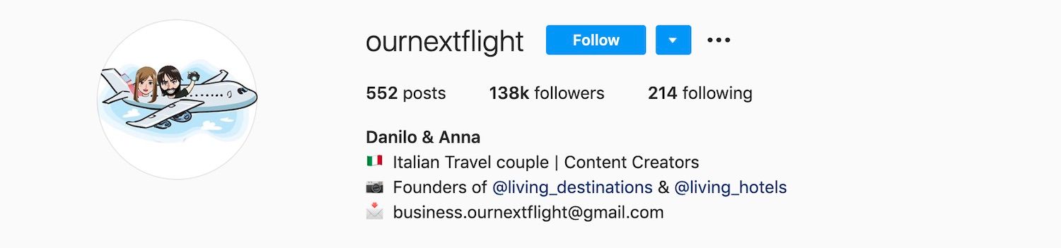 Our Next Flight (Danilo & Anna) is an Italian Travel couple on Instagram.