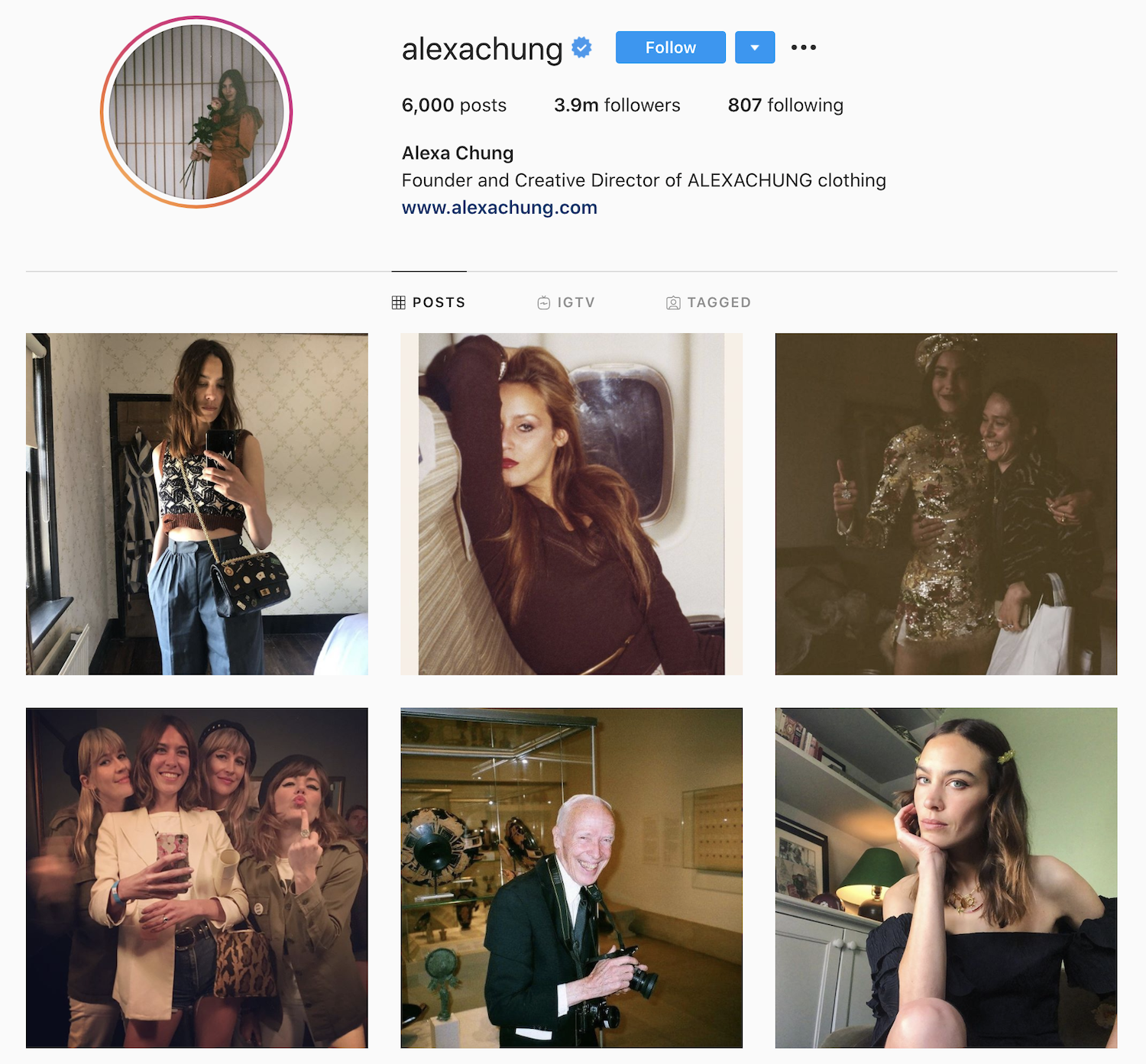 Alexa Chung is followed by many fashion brands and celebrities on Instagram.