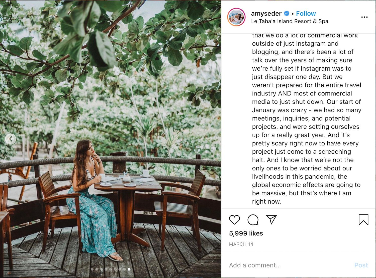 Influencer Amy Seder shared her worries about the entire travel industry on Instagram.