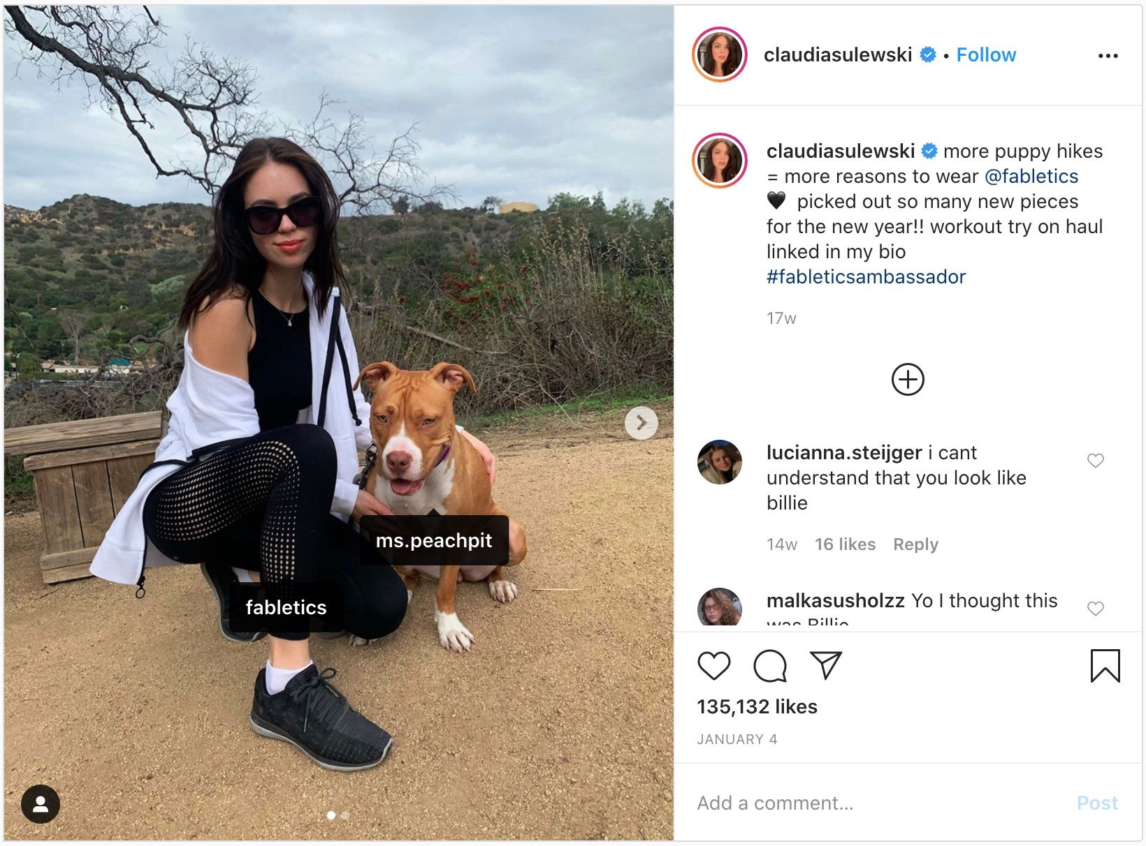 Claudia’s Instagram post for Fabletics