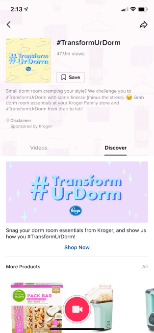 Kroger added a direct purchase page in their TikTok #TransformUrDorm campaign.