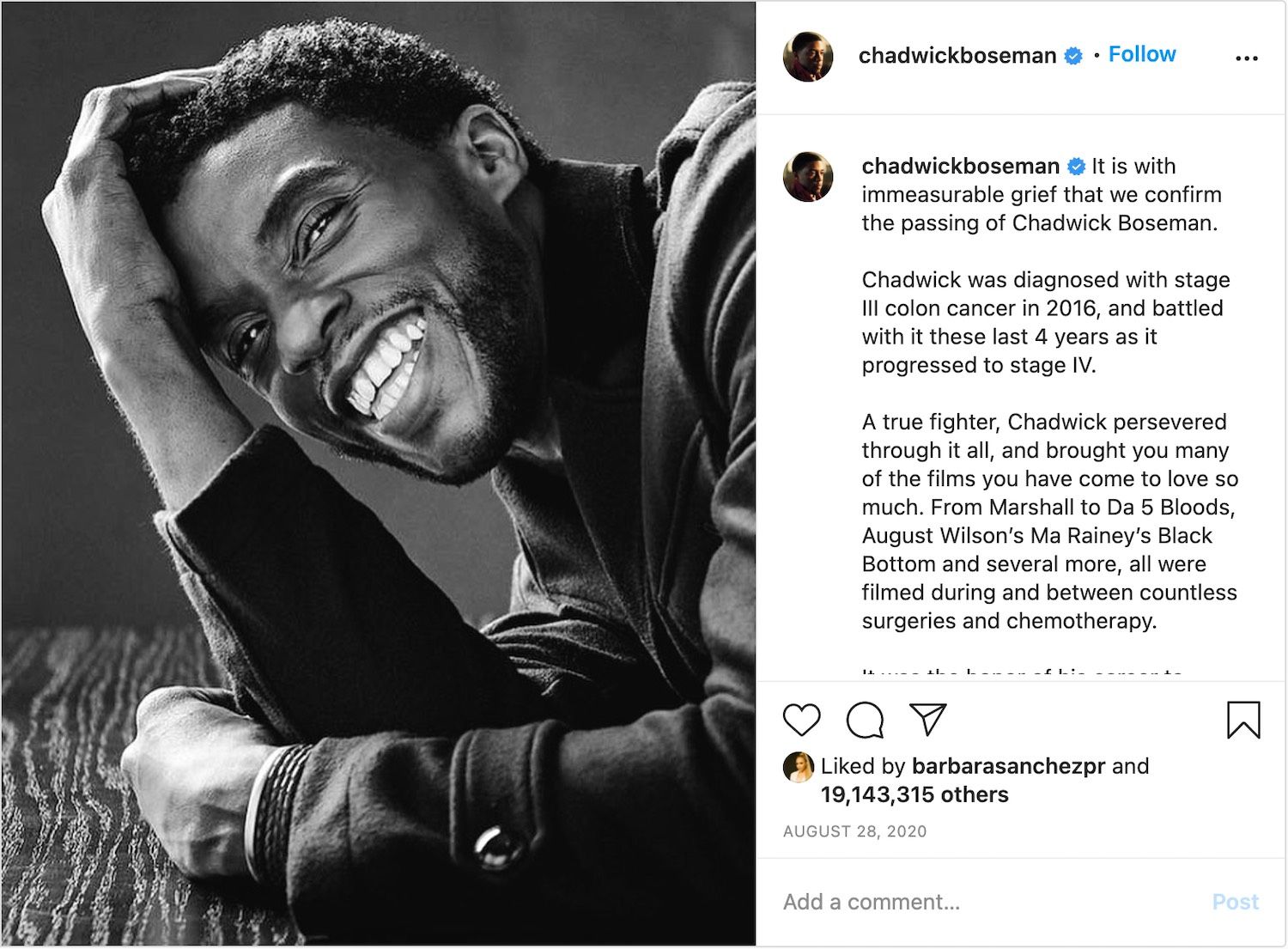 The Instagram post confirm the death of Chadwick Boseman received over 19 million likes. 