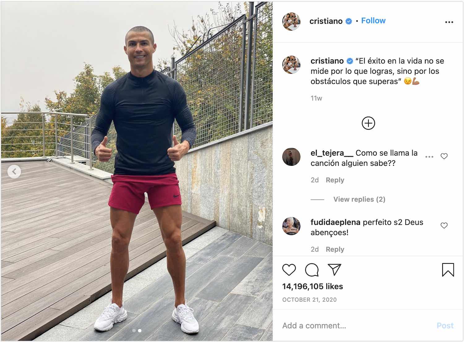 Cristiano Ronaldo's workout Instagram post received about 14.2 million likes by end of 2020.