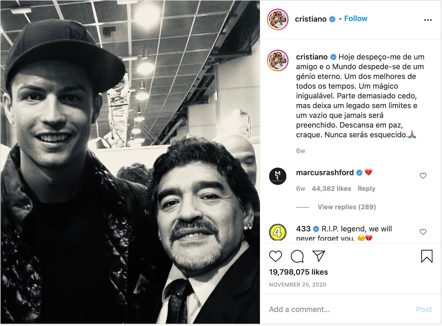 Cristiano's Instagram post to memorize Diego Maradona received the post likes in 2020.