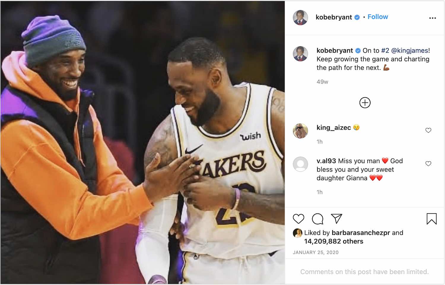 Kobe Bryant's last Instagram post is a picture of LeBron James and himself. 