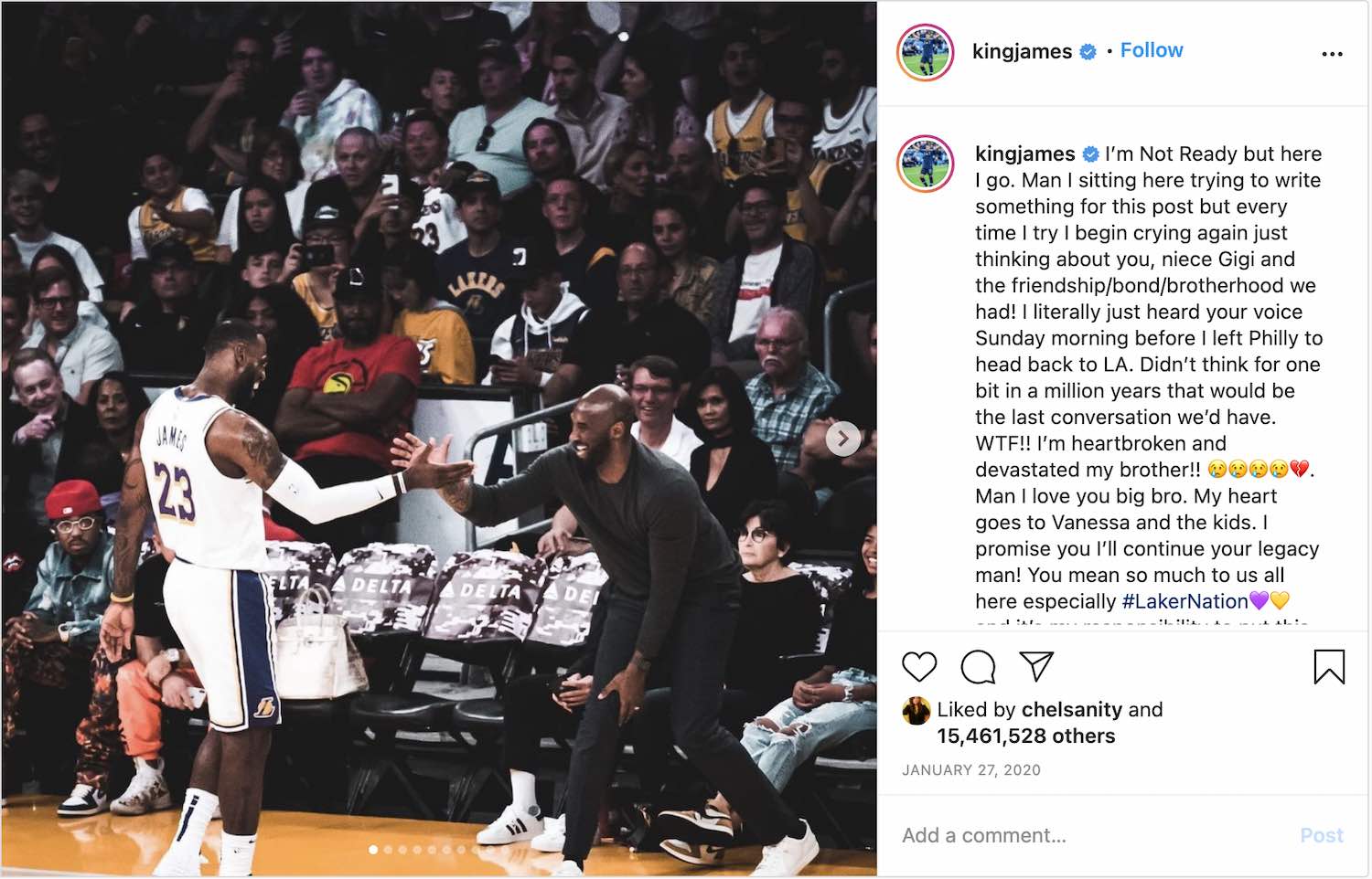 LeBron James shared his photo with Kobe Bryant on Instagram after Kobe's death.