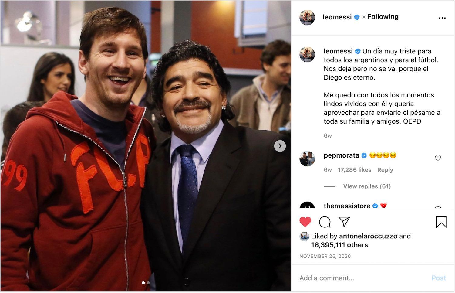 Lionel Messi's tribute to Diego Maradona is the 3rd most liked Instagram of 2020.