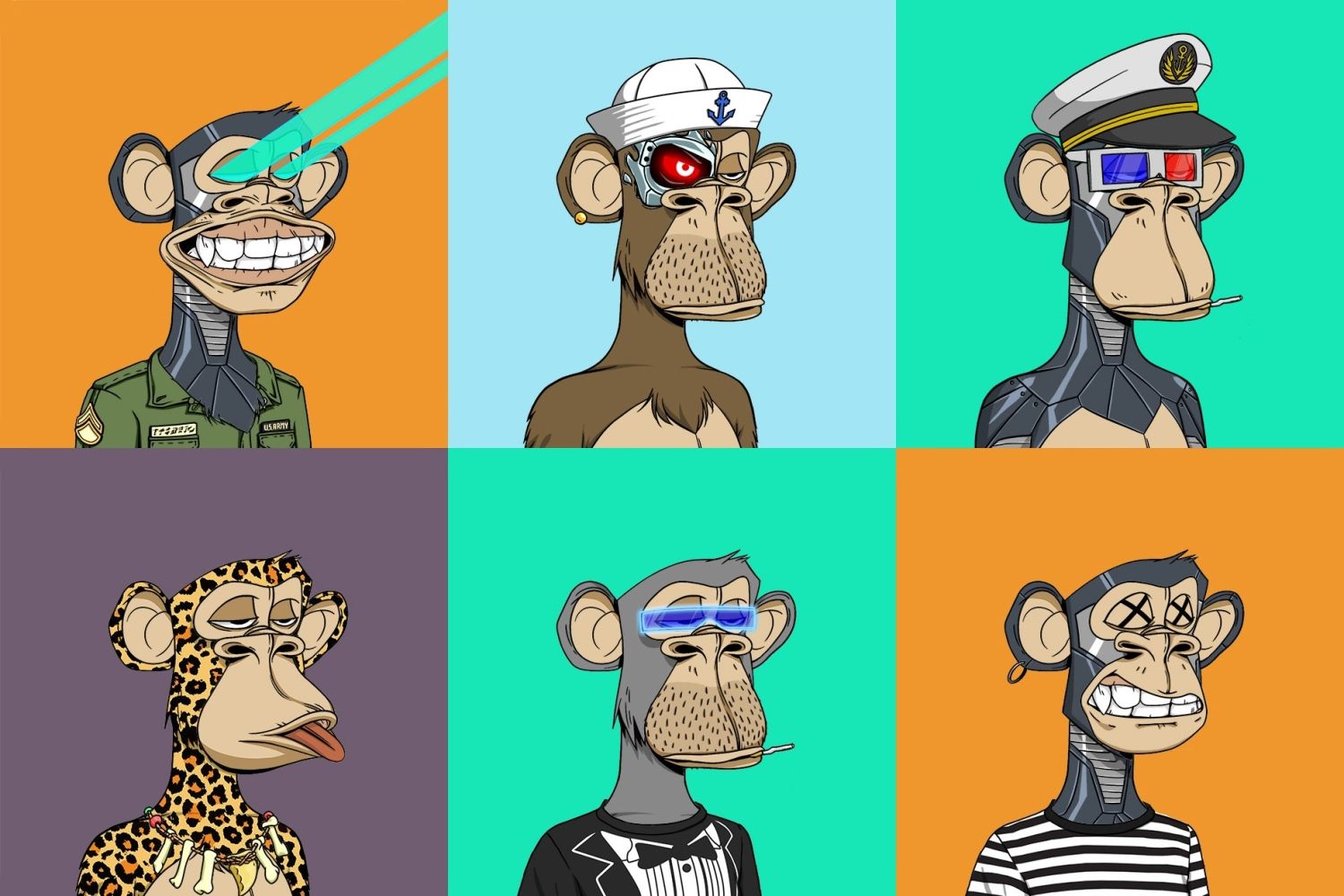  A 3x2 grid of cartoon monkeys with various accessories and facial expressions.