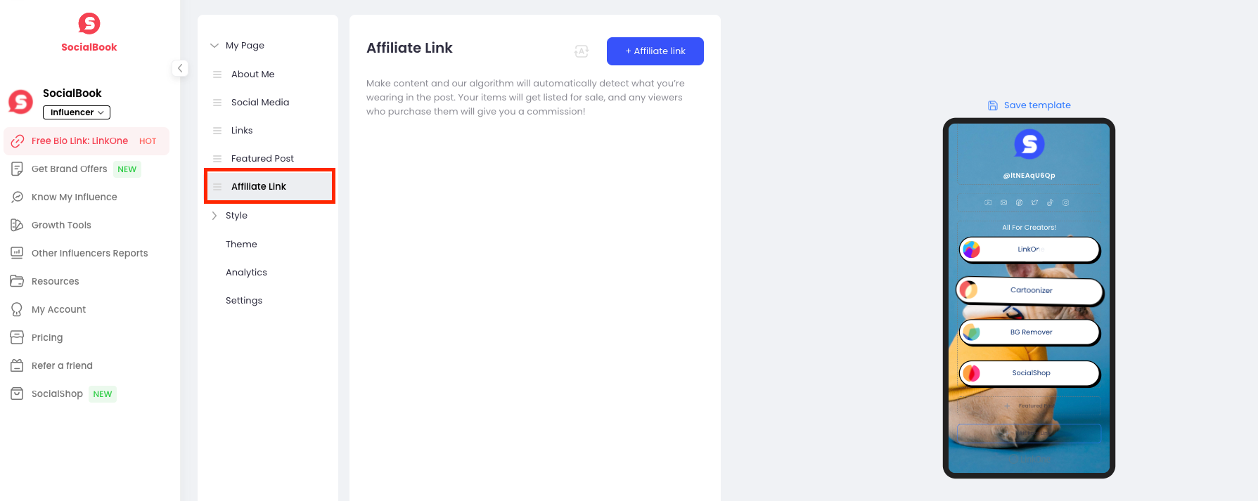 Create affiliate links with SocialBook LinkOne.
