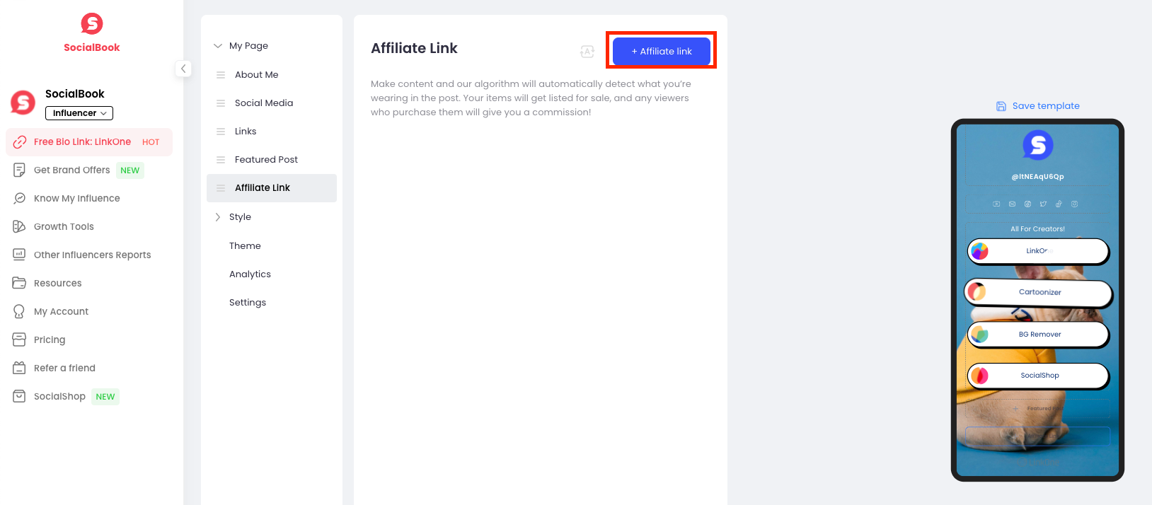 Click the button to create your first SocialBook LinkOne Affiliate Link.