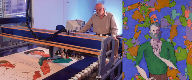 Left: ARRON and Harold Cohen Right: ARRON's creation in 1992