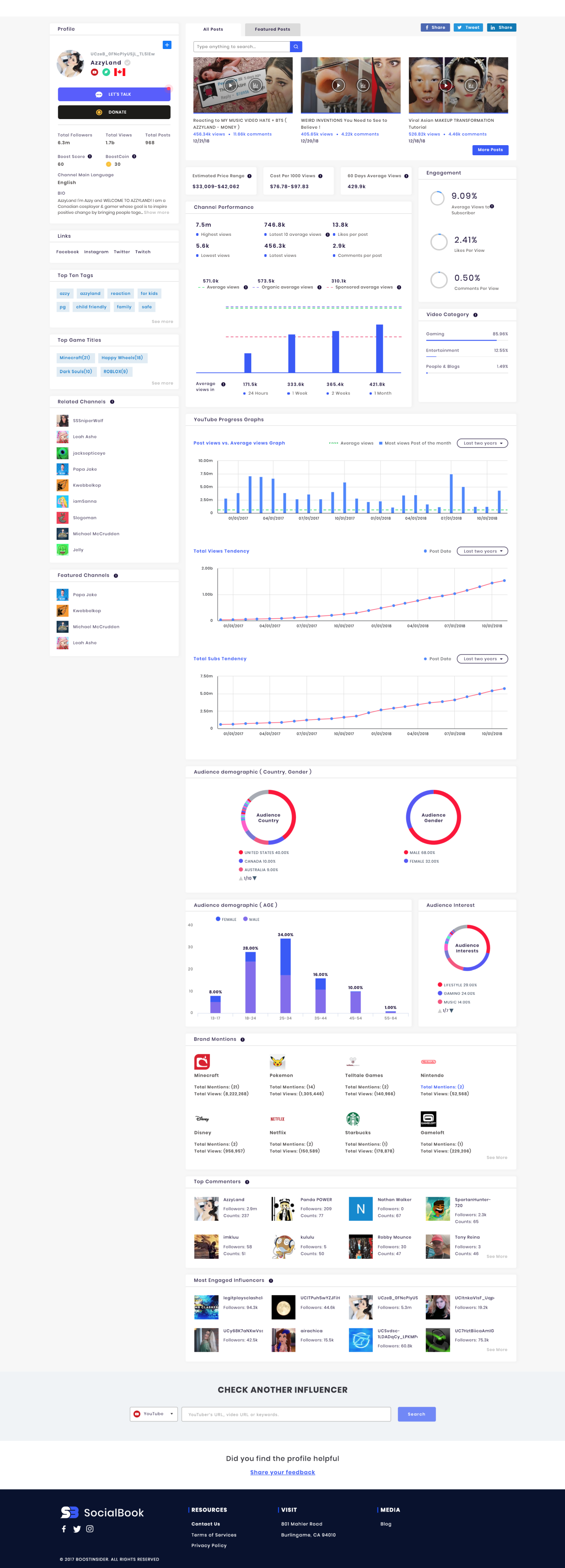 The sample YouTube channel analytics provided by SocialBook.