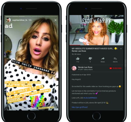 Instagram story and YouTube video are two popular influencer content types.