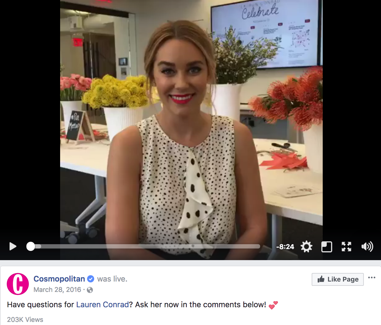 Influencer Lauren Conrad hosted the live stream on the official channel of Cosmopolitan.