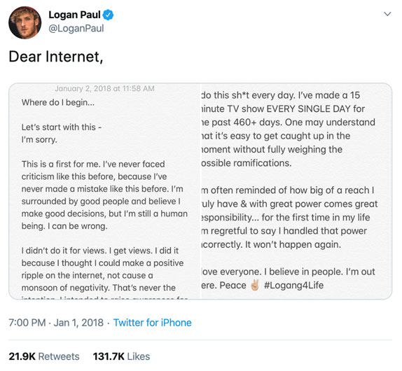 Logan Paul's Apology Tweet