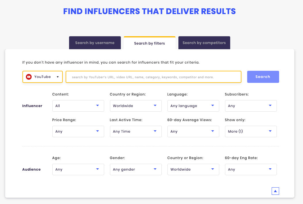 Search influencers by audience demographic on SocialBook