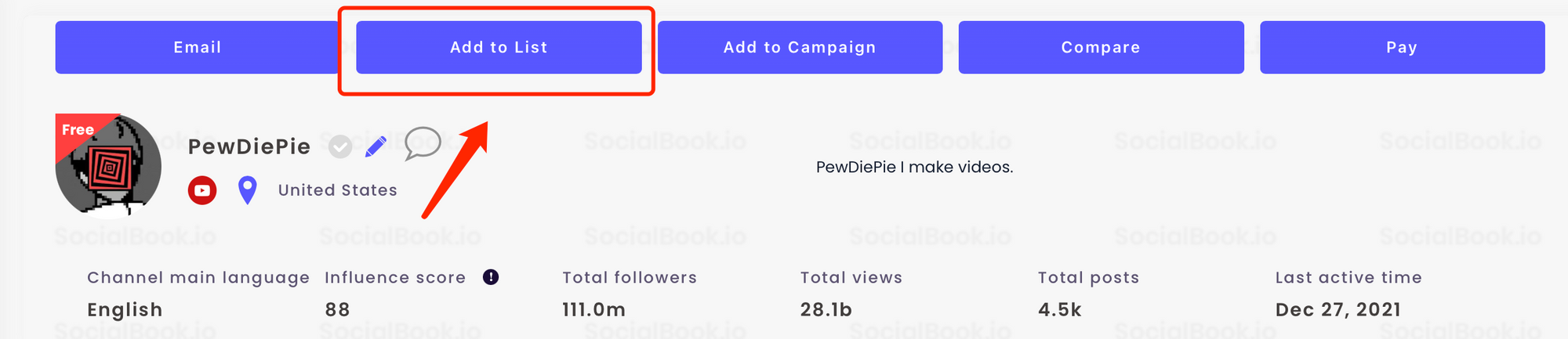 Click "Add to List" to add the influencer to your desired list.