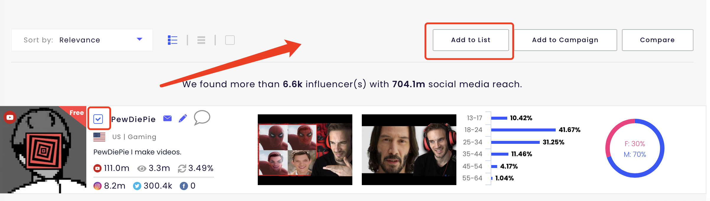 Add influencer to list from the search results page.