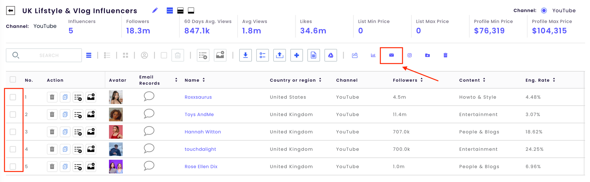 Send bulk emails to a list of influencers 